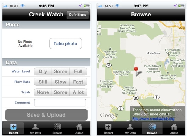 Фрагмент интерфейса приложения Creek Watch