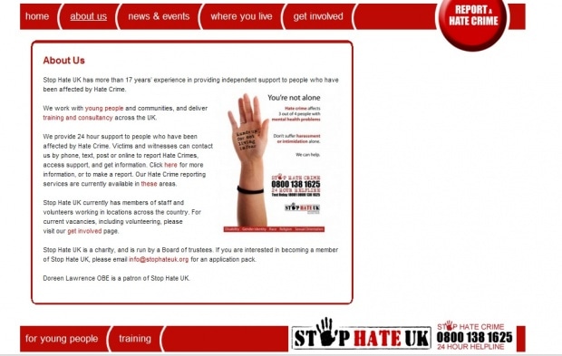 Фрагмент интерфейса сайта Stop Hate UK