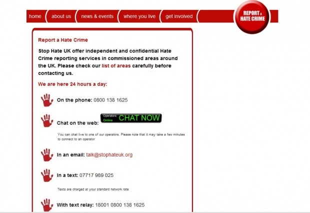 Фрагмент интерфейса сайта Stop Hate UK