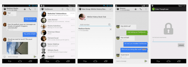 Фрагмент интерфейса приложения TextSecure Private Messenger для Android.
