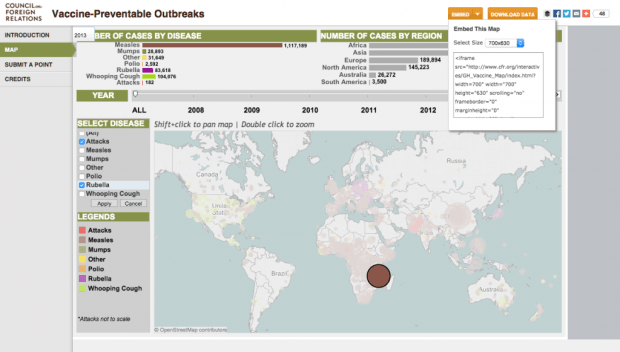 Фрагмент интерактивной карты Vaccine Preventable Outbreaks Map