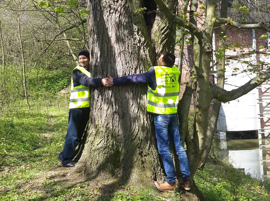 Дорожники обнимают деревья в одной из учебных поездок, которую организовала инициативная группа. До поездки, они говорили активистам, что деревья стоит вырубить. Фото предоставили активисты.