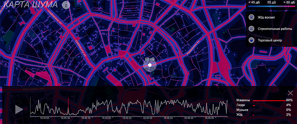 По ссылке Интерактивная карта шумового загрязнения Москвы. Скриншот: urbica.github.io.