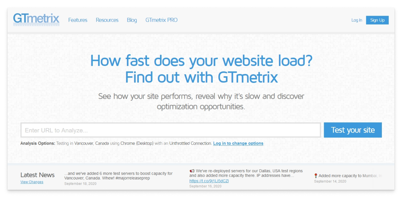 Главная страница gtmetrix.com