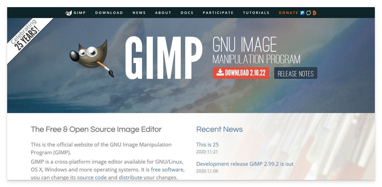 Скриншот главной страницы сайта gimp.org